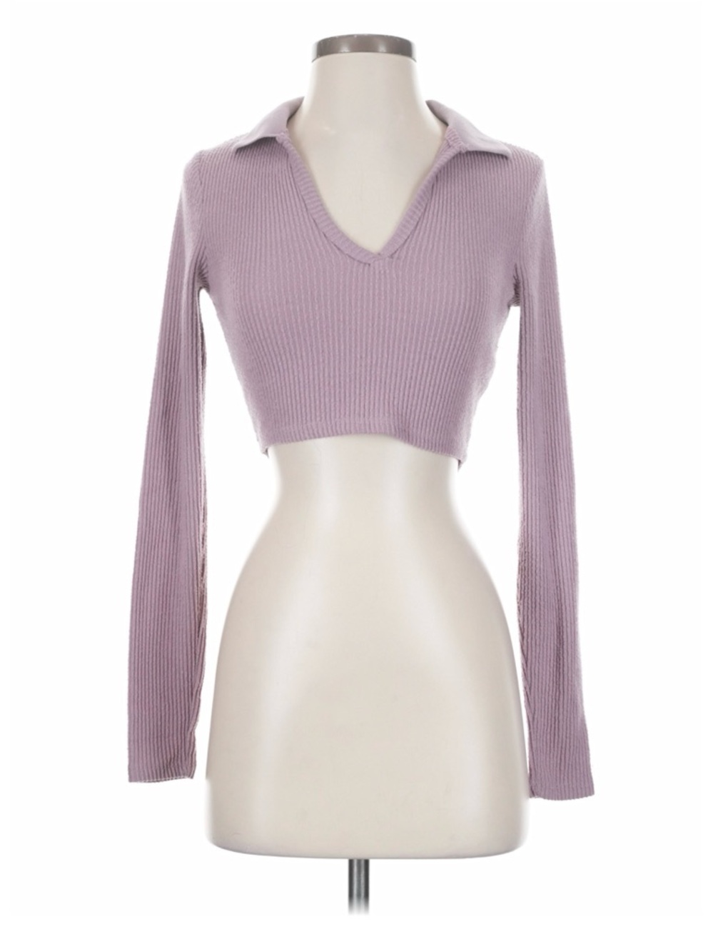 Cropped Ribbed V-Neck Long Sleeve Top - Lavender